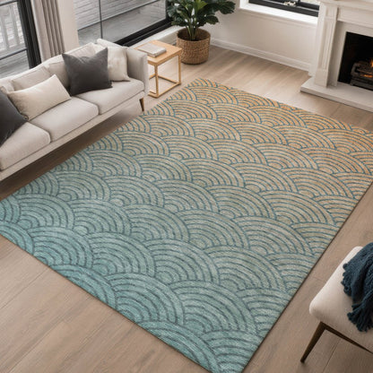 9' X 12' Teal Blue And Orange Geometric Washable Indoor Outdoor Area Rug
