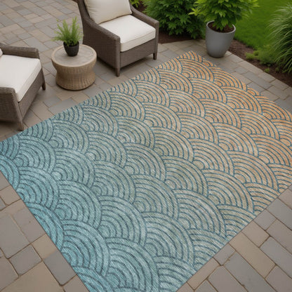 9' X 12' Teal Blue And Orange Geometric Washable Indoor Outdoor Area Rug
