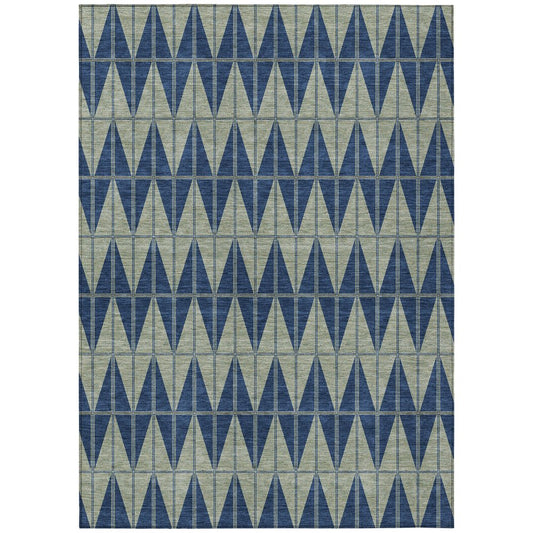 9' X 12' Navy Blue And Beige Geometric Washable Indoor Outdoor Area Rug