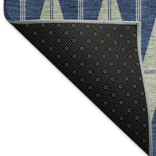 9' X 12' Navy Blue And Beige Geometric Washable Indoor Outdoor Area Rug