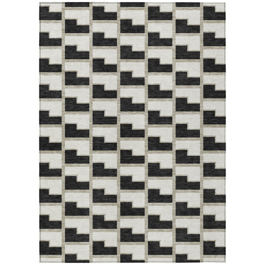10' X 14' Black And Ivory Geometric Washable Indoor Outdoor Area Rug