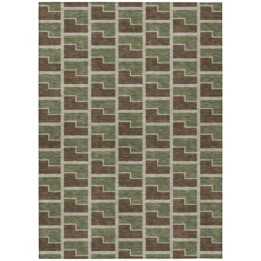 10' X 14' Chocolate Olive Green And Beige Geometric Washable Indoor Outdoor Area Rug
