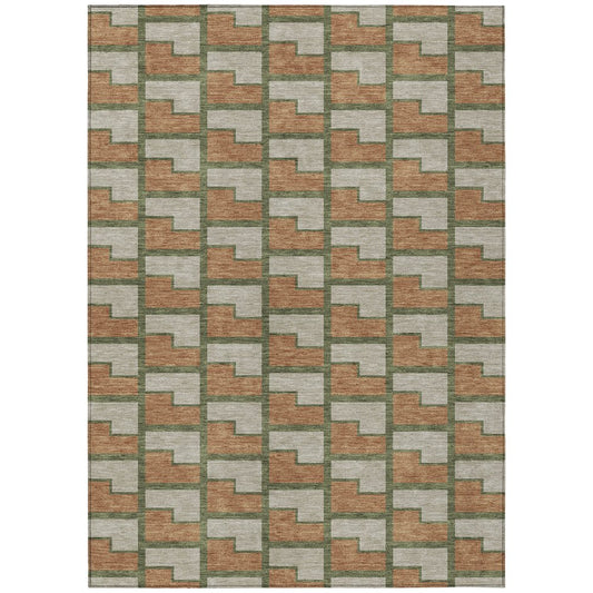 10' X 14' Copper Beige And Olive Green Geometric Washable Indoor Outdoor Area Rug