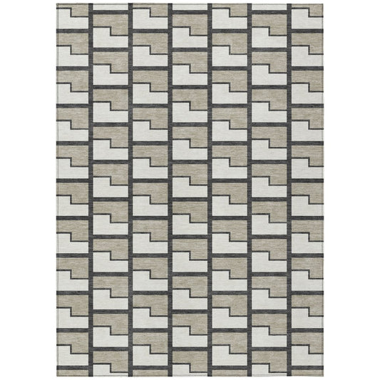 10' X 14' Ivory And Charcoal Geometric Washable Indoor Outdoor Area Rug