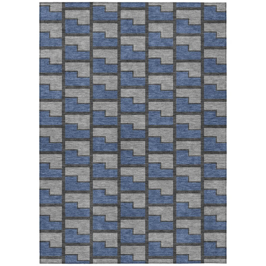 10' X 14' Navy Blue Gray And Charcoal Geometric Washable Indoor Outdoor Area Rug