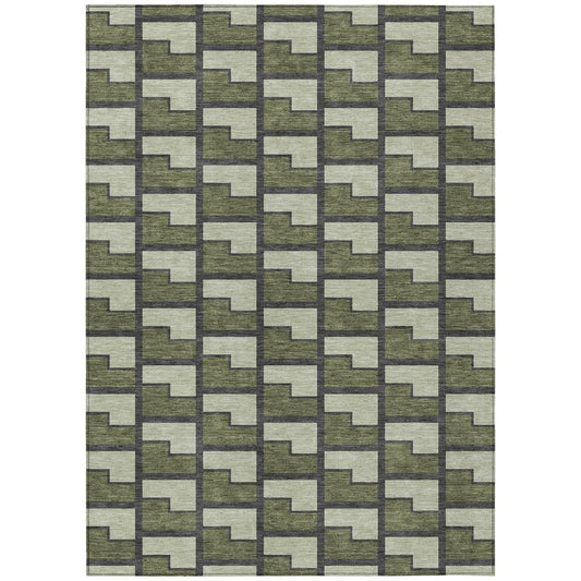 9' X 12' Olive Green Beige And Charcoal Geometric Washable Indoor Outdoor Area Rug
