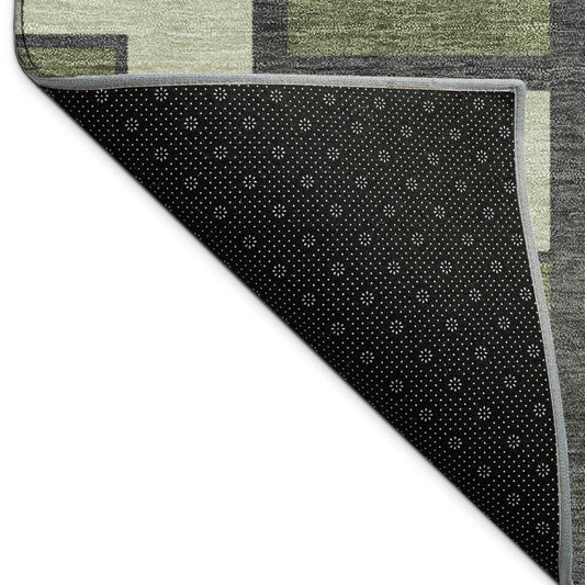 9' X 12' Olive Green Beige And Charcoal Geometric Washable Indoor Outdoor Area Rug