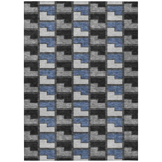 9' X 12' Black Blue And Gray Geometric Washable Indoor Outdoor Area Rug