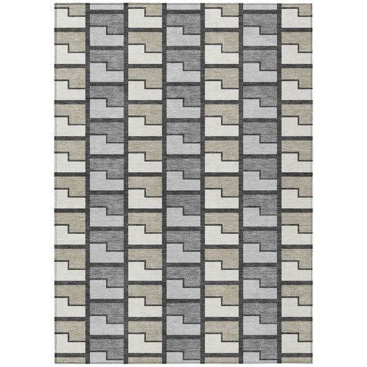 9' X 12' Ivory Taupe And Gray Geometric Washable Indoor Outdoor Area Rug