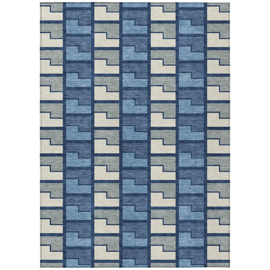 9' X 12' Navy Blue Gray And Charcoal Geometric Washable Indoor Outdoor Area Rug
