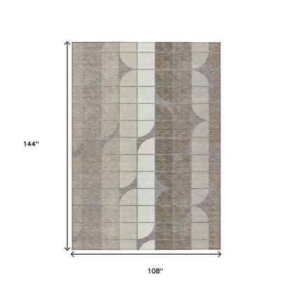 9' X 12' Taupe Brown And Ivory Geometric Washable Indoor Outdoor Area Rug