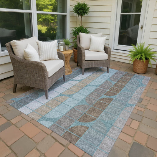 9' X 12' Teal Blue Brown And Silver Geometric Washable Indoor Outdoor Area Rug