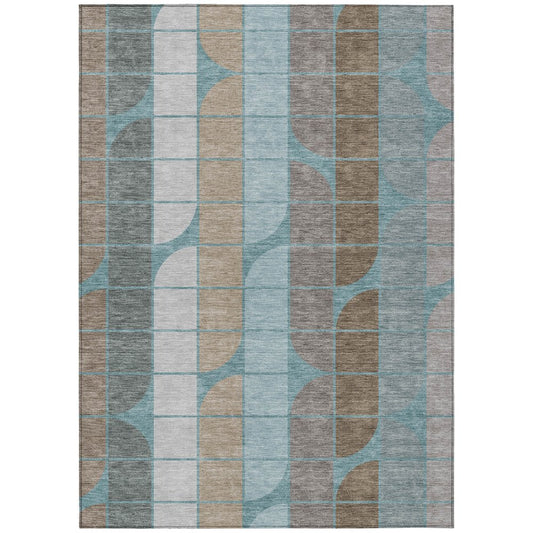 9' X 12' Teal Blue Brown And Silver Geometric Washable Indoor Outdoor Area Rug
