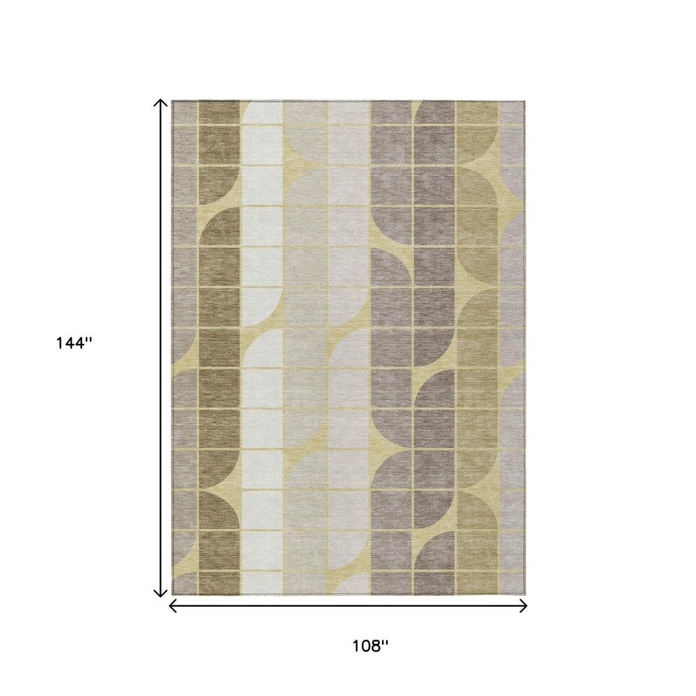 9' X 12' Wheat Ivory And Brown Geometric Washable Indoor Outdoor Area Rug