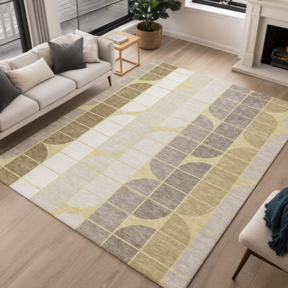 9' X 12' Wheat Ivory And Brown Geometric Washable Indoor Outdoor Area Rug