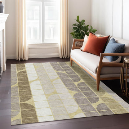 9' X 12' Wheat Ivory And Brown Geometric Washable Indoor Outdoor Area Rug