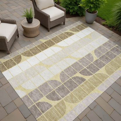 9' X 12' Wheat Ivory And Brown Geometric Washable Indoor Outdoor Area Rug