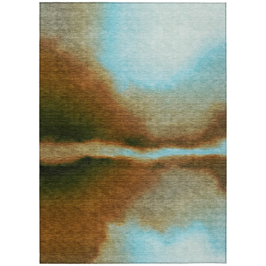 10' X 14' Blue Brown And Ivory Abstract Washable Indoor Outdoor Area Rug