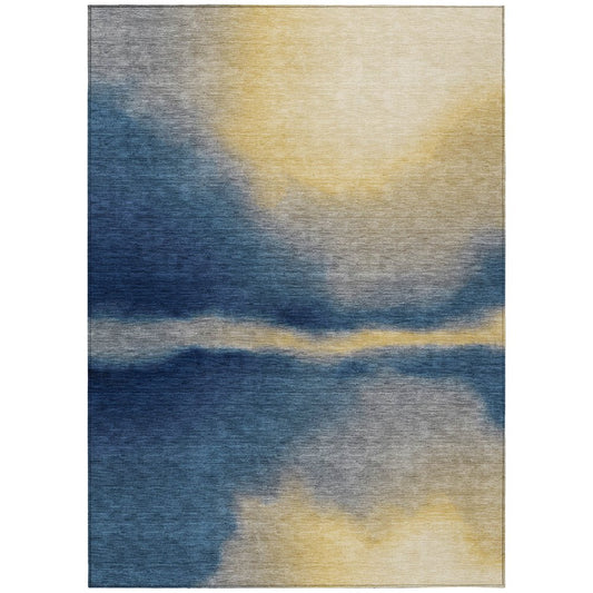 9' X 12' Navy Blue Gold And Beige Abstract Washable Indoor Outdoor Area Rug