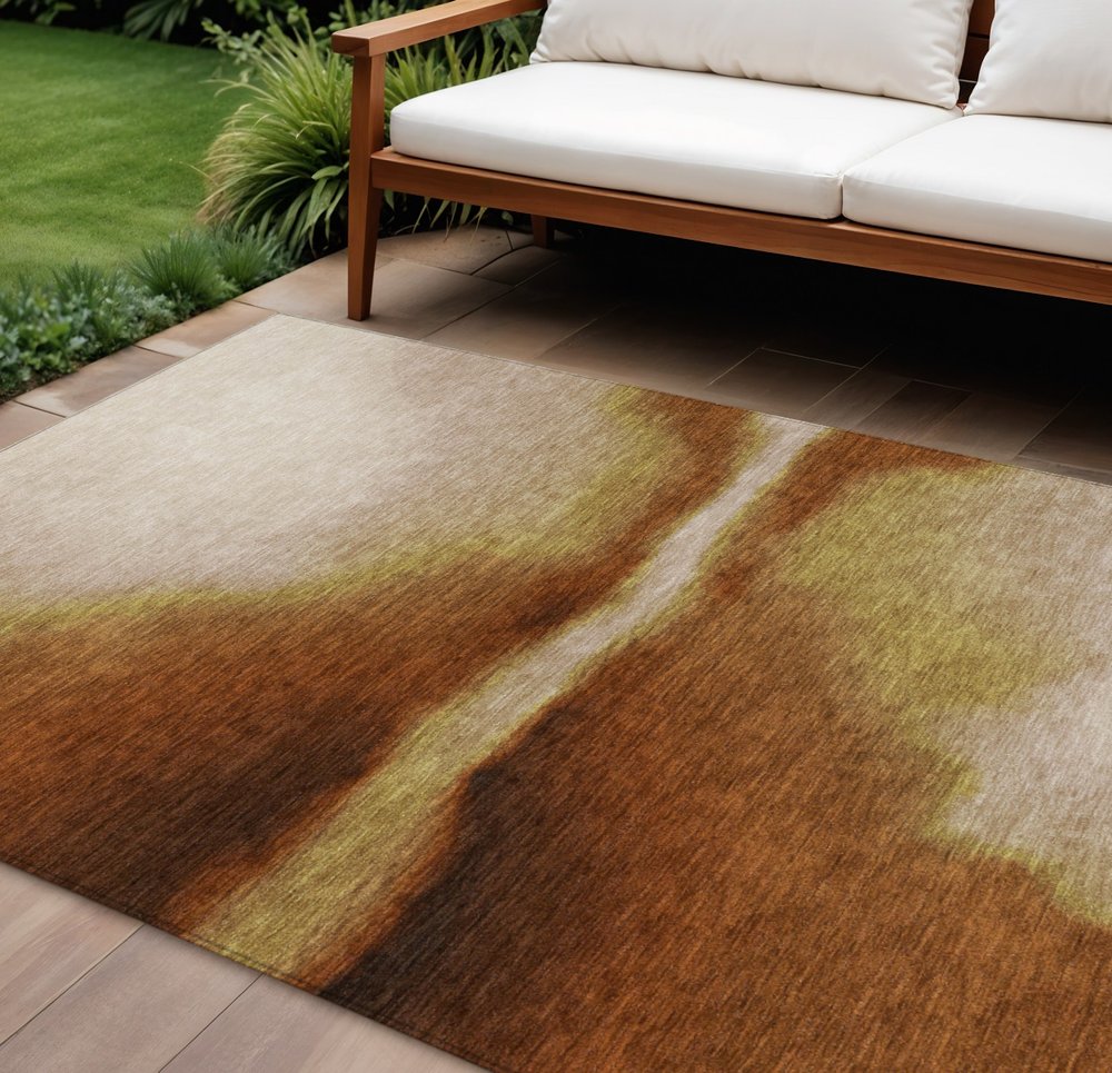 9' X 12' Rust Copper And Beige Abstract Washable Indoor Outdoor Area Rug