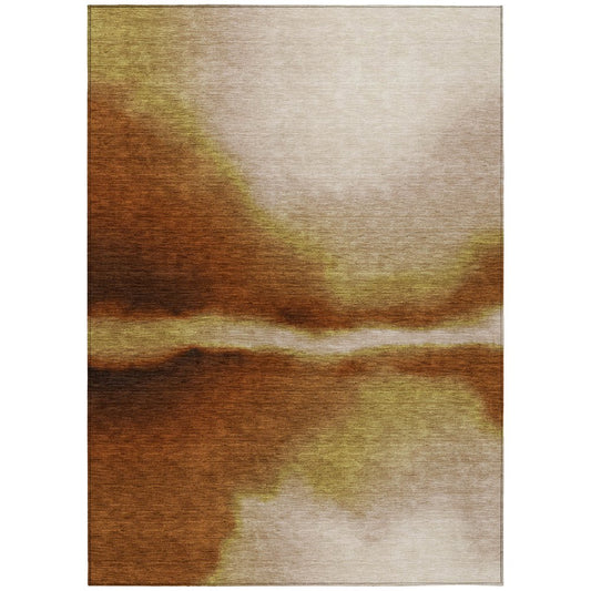 10' X 14' Rust Copper And Beige Abstract Washable Indoor Outdoor Area Rug
