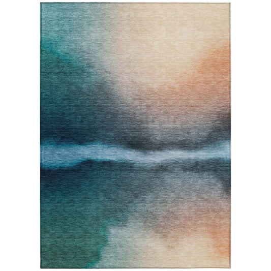 9' X 12' Teal Blue Salmon And Ivory Abstract Washable Indoor Outdoor Area Rug
