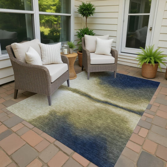 9' X 12' Wheat Blue And Beige Abstract Washable Indoor Outdoor Area Rug
