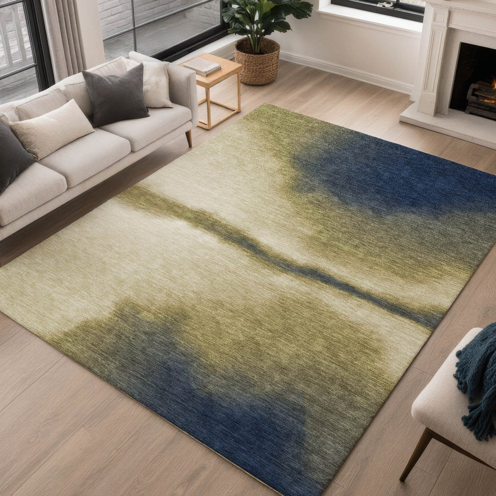 9' X 12' Wheat Blue And Beige Abstract Washable Indoor Outdoor Area Rug