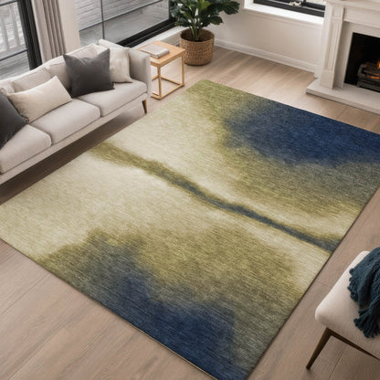 9' X 12' Wheat Blue And Beige Abstract Washable Indoor Outdoor Area Rug