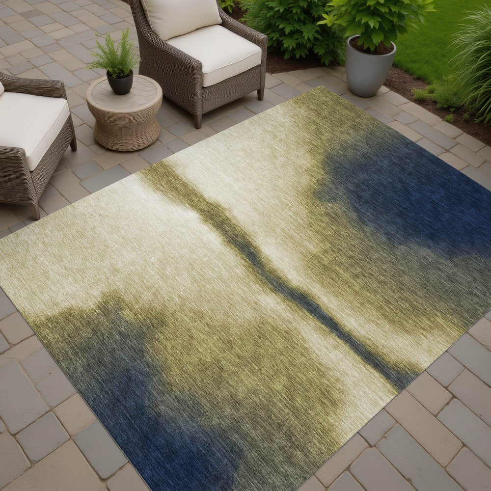 9' X 12' Wheat Blue And Beige Abstract Washable Indoor Outdoor Area Rug