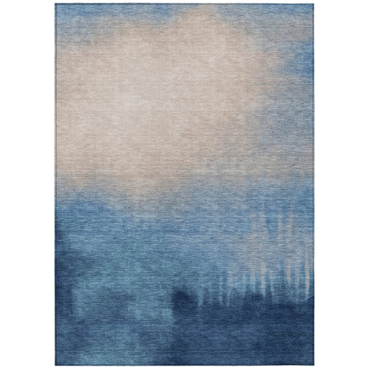 10' X 14' Denim Blue Beige And Cream Abstract Washable Indoor Outdoor Area Rug