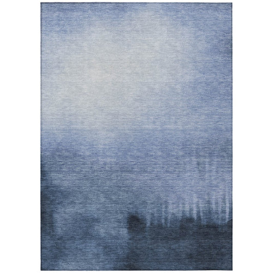 9' X 12' Navy Blue Charcoal And Sky Blue Abstract Washable Indoor Outdoor Area Rug