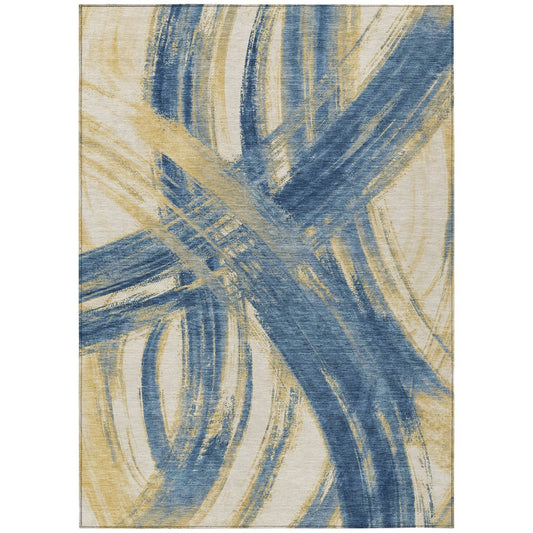 9' X 12' Navy Blue Wheat And Ivory Abstract Washable Indoor Outdoor Area Rug