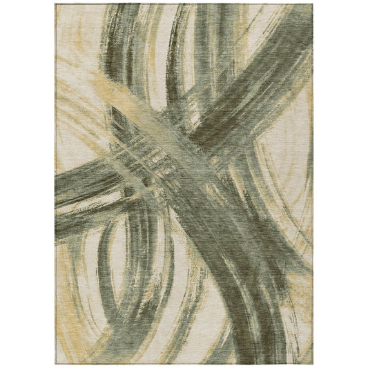 9' X 12' Olive Green Gold And Beige Abstract Washable Indoor Outdoor Area Rug