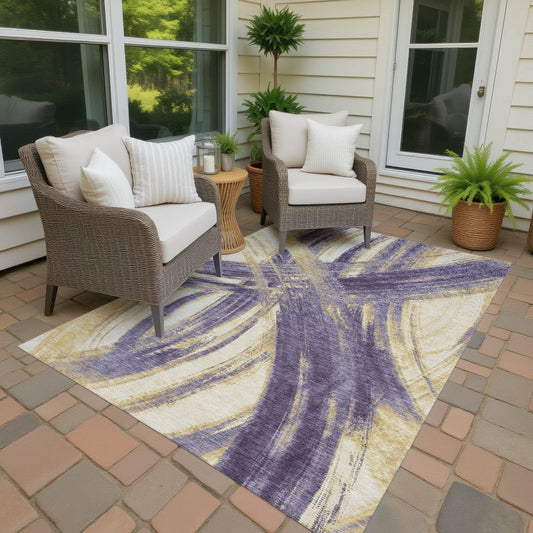 9' X 12' Plum Gold And Beige Abstract Washable Indoor Outdoor Area Rug