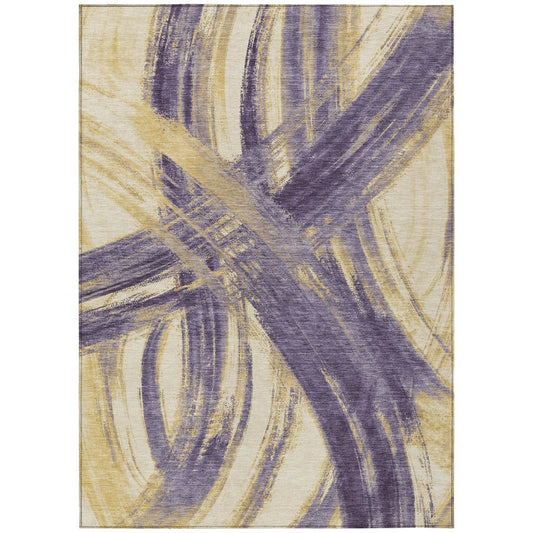 9' X 12' Plum Gold And Beige Abstract Washable Indoor Outdoor Area Rug