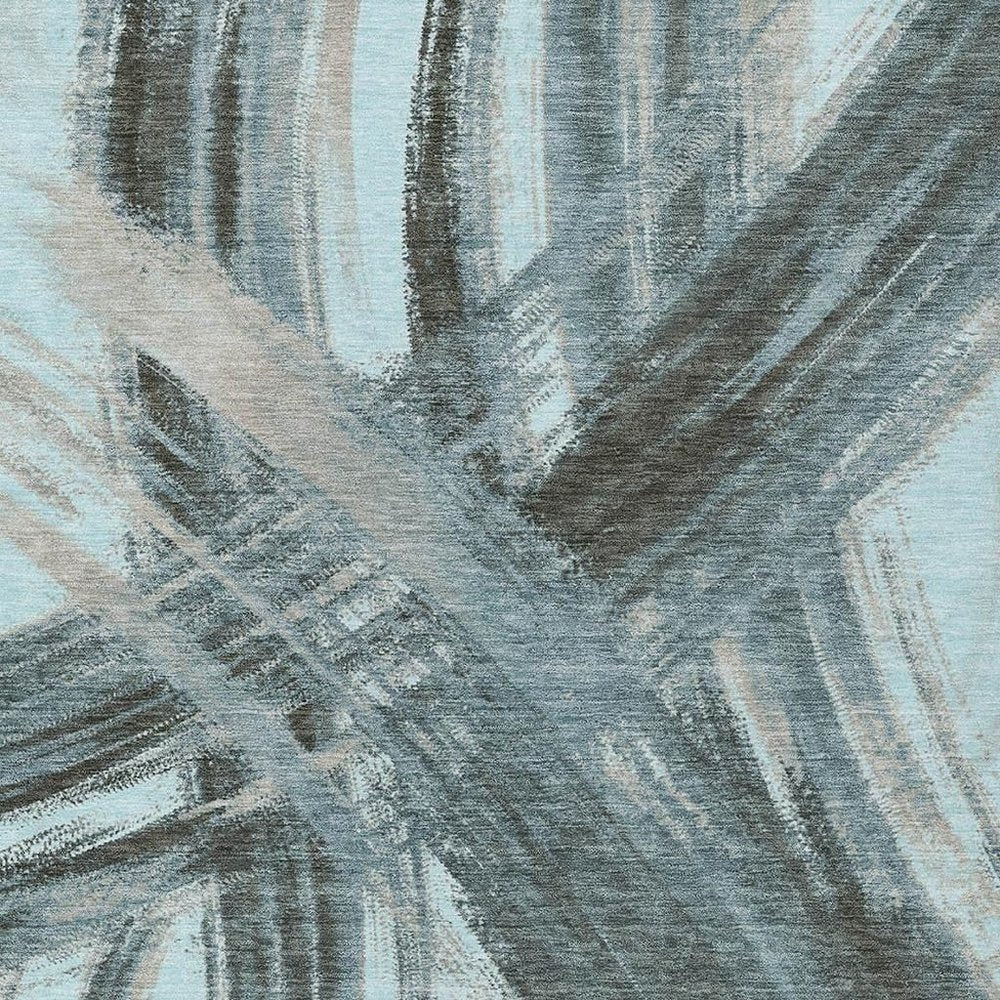9' X 12' Teal Blue Charcoal And Silver Abstract Washable Indoor Outdoor Area Rug