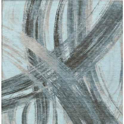 9' X 12' Teal Blue Charcoal And Silver Abstract Washable Indoor Outdoor Area Rug