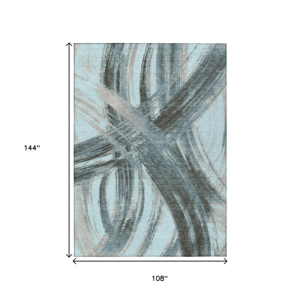 9' X 12' Teal Blue Charcoal And Silver Abstract Washable Indoor Outdoor Area Rug