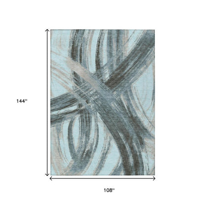 9' X 12' Teal Blue Charcoal And Silver Abstract Washable Indoor Outdoor Area Rug