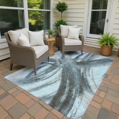 9' X 12' Teal Blue Charcoal And Silver Abstract Washable Indoor Outdoor Area Rug