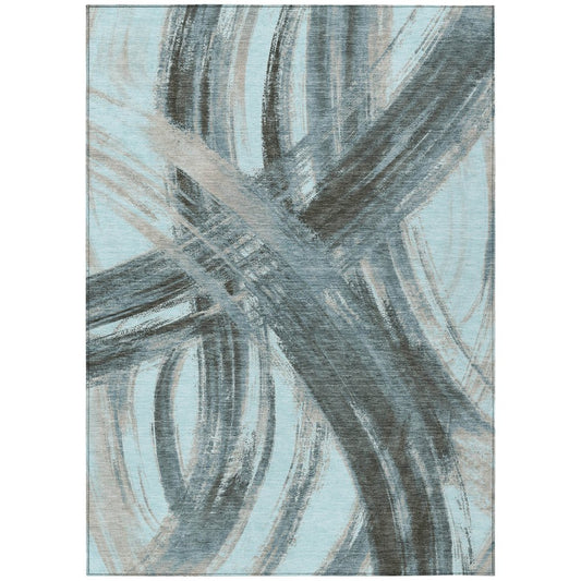 9' X 12' Teal Blue Charcoal And Silver Abstract Washable Indoor Outdoor Area Rug