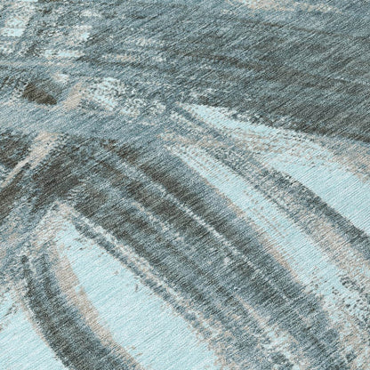 9' X 12' Teal Blue Charcoal And Silver Abstract Washable Indoor Outdoor Area Rug