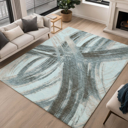 9' X 12' Teal Blue Charcoal And Silver Abstract Washable Indoor Outdoor Area Rug