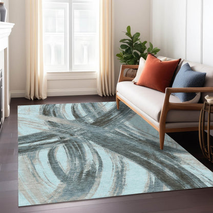 9' X 12' Teal Blue Charcoal And Silver Abstract Washable Indoor Outdoor Area Rug