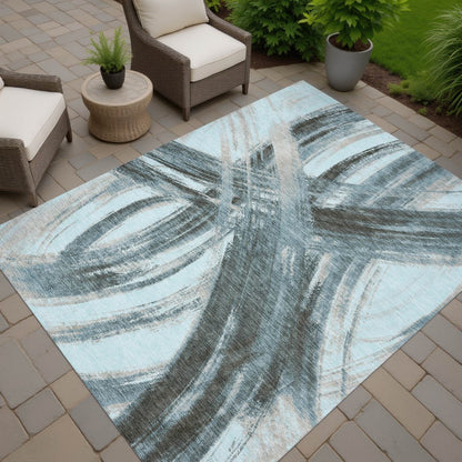 9' X 12' Teal Blue Charcoal And Silver Abstract Washable Indoor Outdoor Area Rug