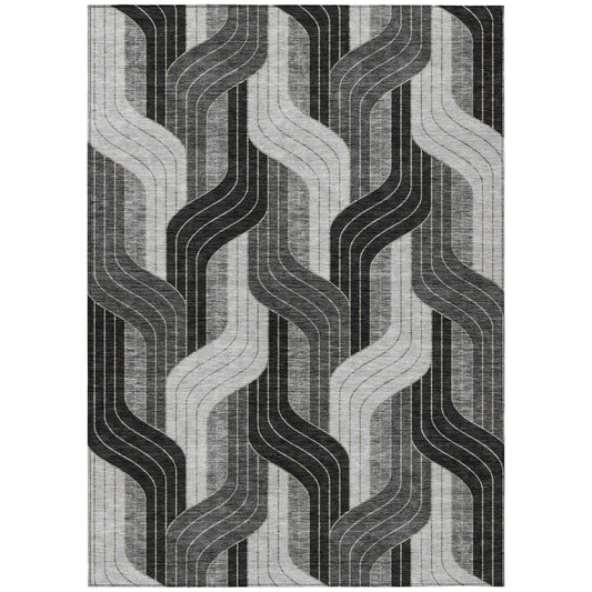 10' X 14' Black Gray And Silver Striped Washable Indoor Outdoor Area Rug