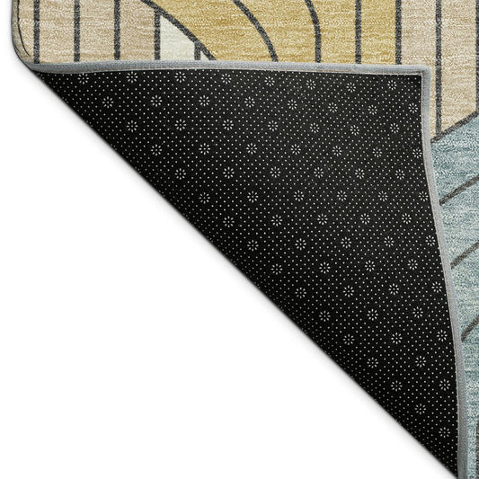 9' X 12' Gold Teal Blue And Beige Striped Washable Indoor Outdoor Area Rug