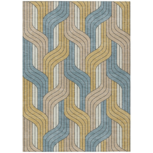 10' X 14' Gold Teal Blue And Beige Striped Washable Indoor Outdoor Area Rug