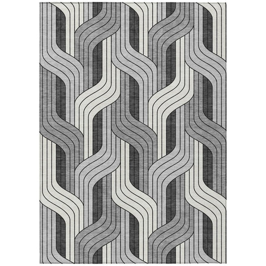 9' X 12' Ivory Gray And Black Striped Washable Indoor Outdoor Area Rug